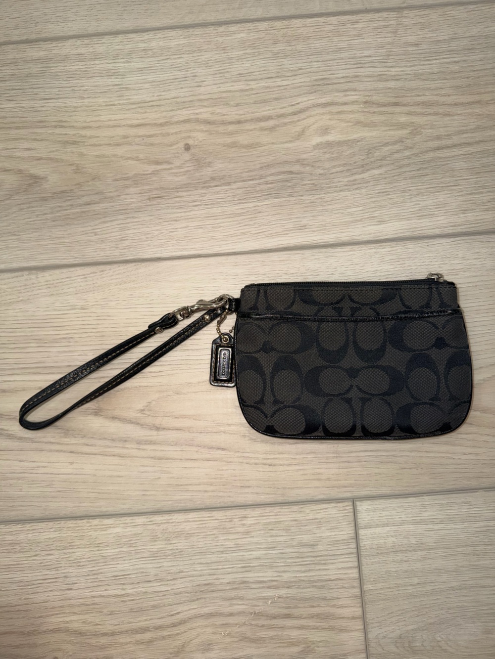 Coach Black Signature Wristlet with Brown Accents
